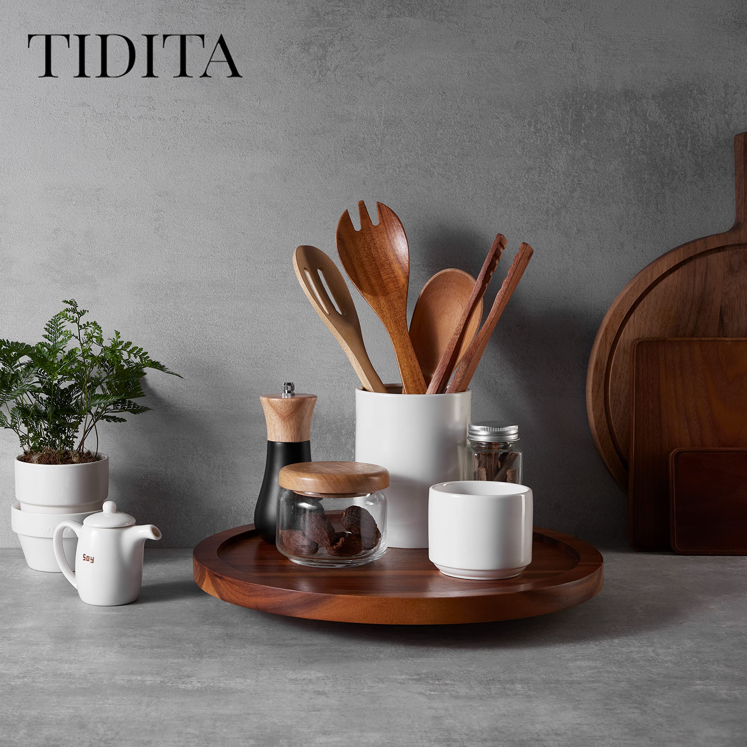 Tidita 13'' Acacia Lazy Susan Turntable For Table - Wooden Lazy Susan Organizer For Cabinet - Kitchen Turntable Storage Food Bin